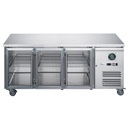 FED-X Three Glass Door Bench Fridge Stainless Steel - XUB6C18G3V