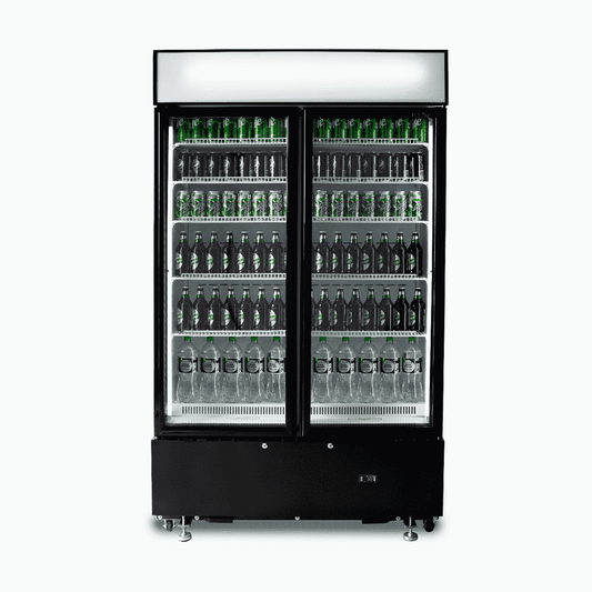 Upright Display Fridge - 960L - 2 Doors - Flat Glass - Cassette - Black