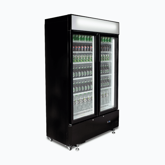 Upright Display Fridge - 960L - 2 Doors - Flat Glass - Cassette - Black