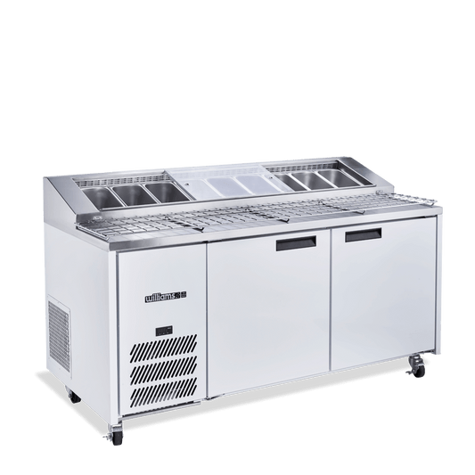 HJ2PCBA Jade Pizza - Two Door White Colorbond Pizza Prep Counter Refrigerator With Blown Air Well