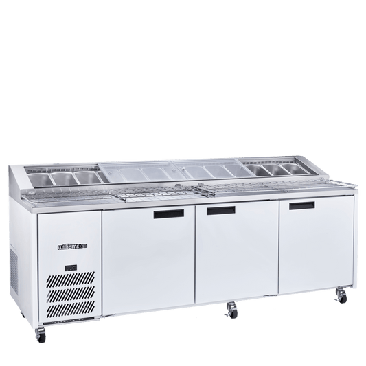 HJ3PCBA Jade Pizza - Three Door White Colorbond Pizza Prep Counter Refrigerator With Blown Air Well