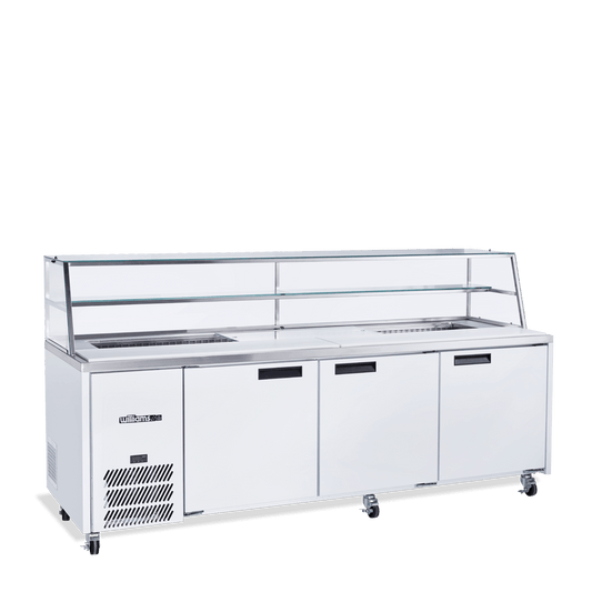 HJ3SCBA Jade Sandwich - Three Door White Colorbond Prep Counter Refrigerator With Blown Air Well
