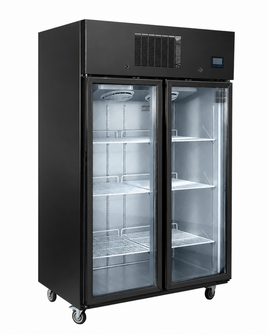 THERMASTER 1000L Full-Width Double Black Glass Door Upright Display Fridge - SFWCG1000B