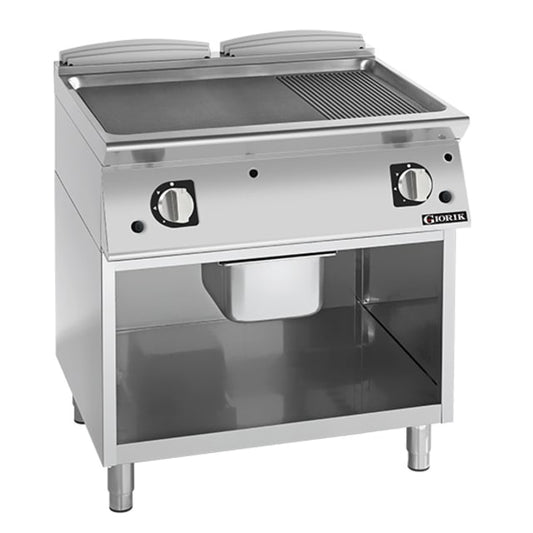 Giorik 700 Series 800mm wide 1/3 Ribbed 2/3 Smooth Mild Steel Plate Gas Frytop on Open Base FMG741GFT.P