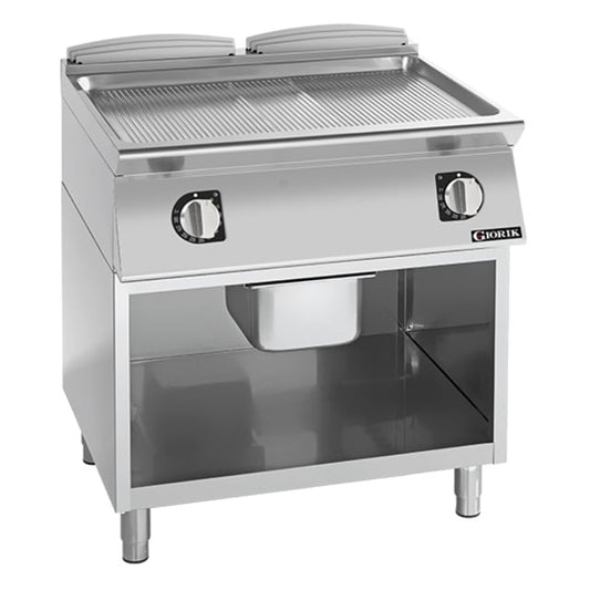 Giorik 900 Series 800mm wide Ribbed Satin Chrome Electric Frytop on Open Base FRE941GCRXT
