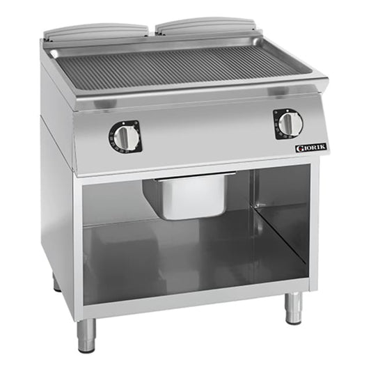 Giorik 700 Series 800mm wide Ribbed Mild Steel Electric Frytop on Open Base FRE741GFT