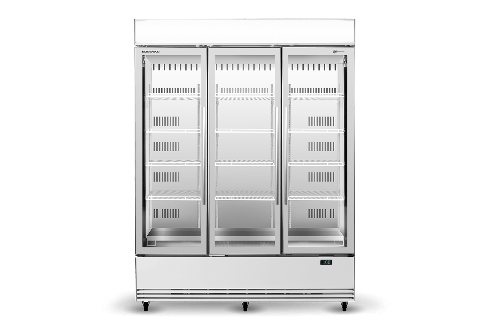 BME1500N-AC 3 Glass Door Display or Storage Fridge, Lit Sign