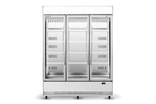 BME1500N-AC 3 Glass Door Display or Storage Fridge, Lit Sign