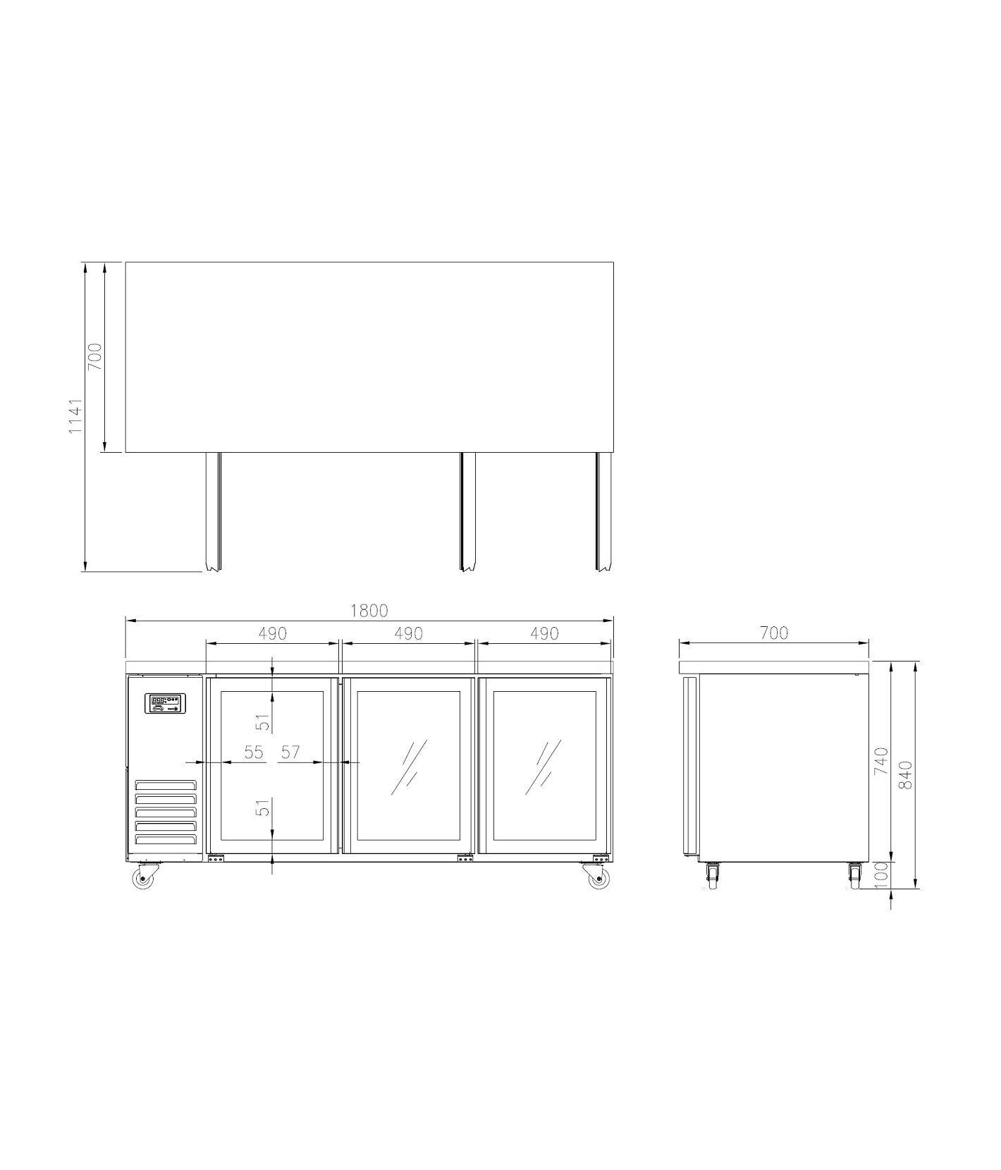 Glass Three Door Underbench Fridge 1800mm Wide