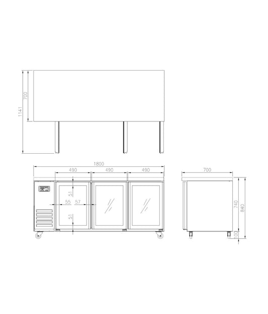 Glass Three Door Underbench Fridge 1800mm Wide