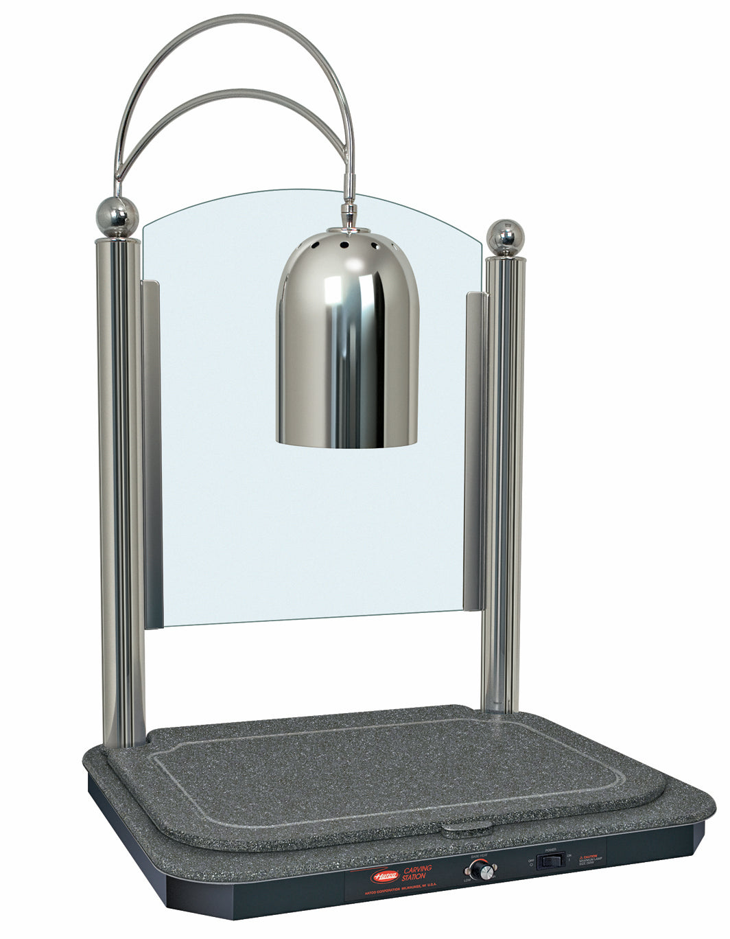 DCSB400-2420-1-NSBN Hatco Glo-Ray Decorative Glo Ray Carving Station with a Swanstone heated base, adjustable overhead light and sneeze guard - 608mm x 506mm x 864mm - 1168mm