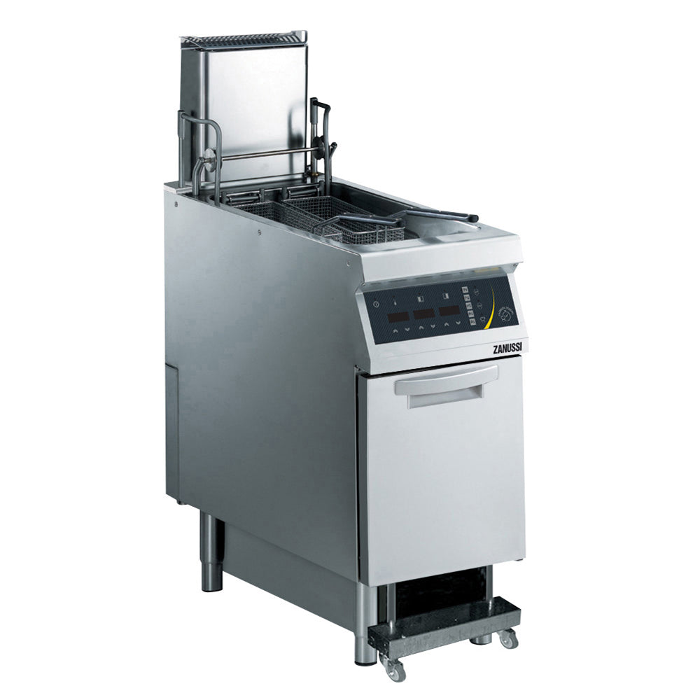 Electric 400mm Single Well 23L Freestanding V-Shaped Deep Fryer with Electronic Control, Pump, Lift and Auto Cook