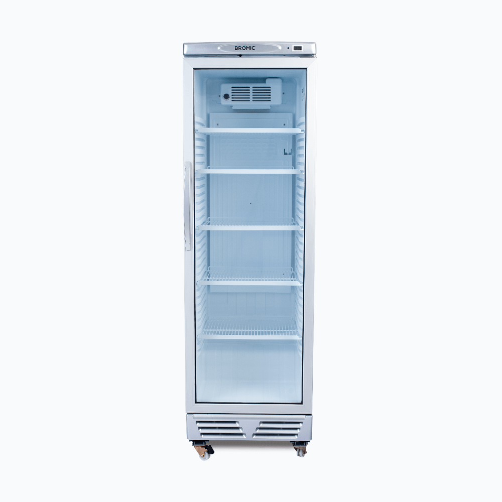 Upright Display Fridge - 372L - 1 Door - Flat Glass - White with Silver Trim