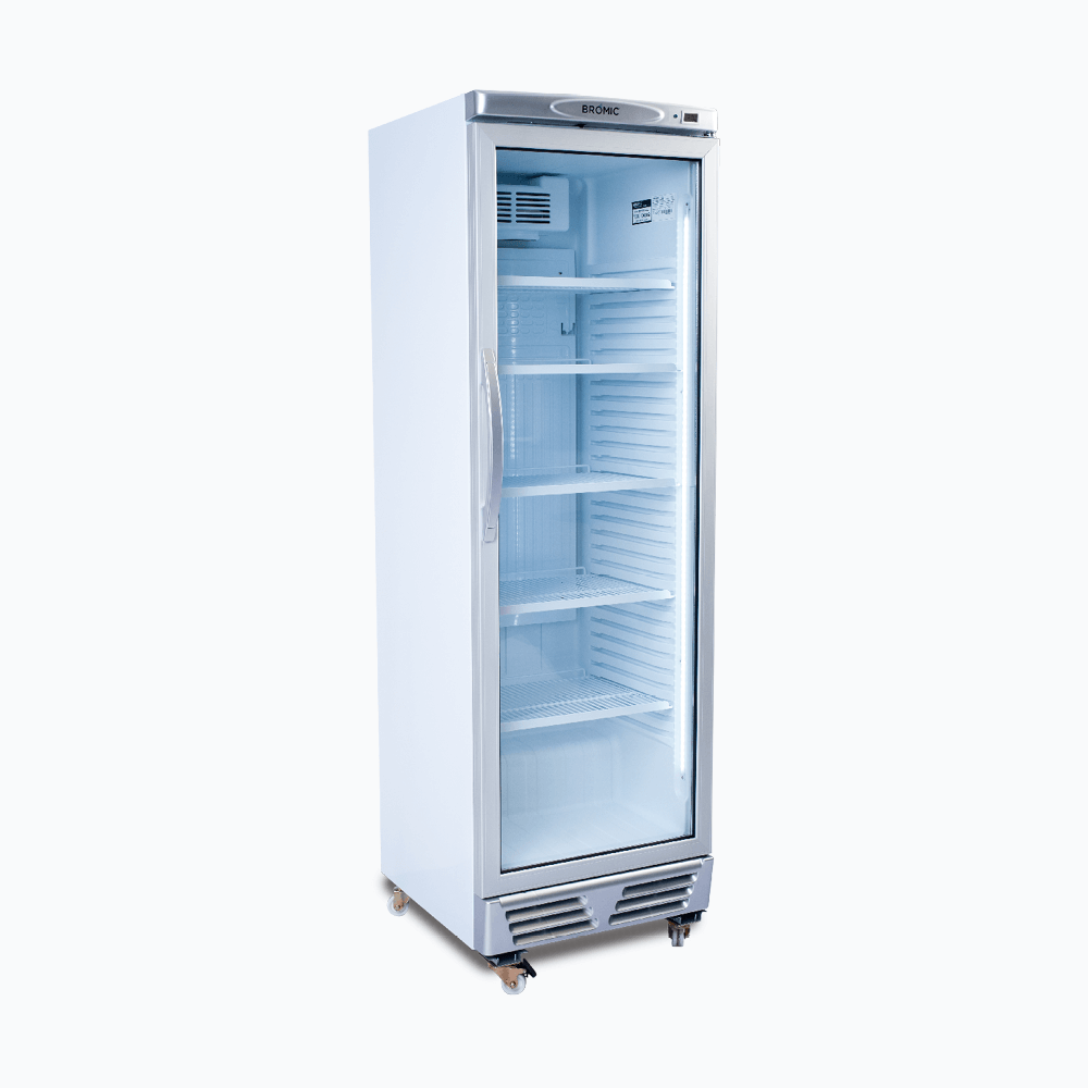 Upright Display Fridge - 372L - 1 Door - Flat Glass - White with Silver Trim