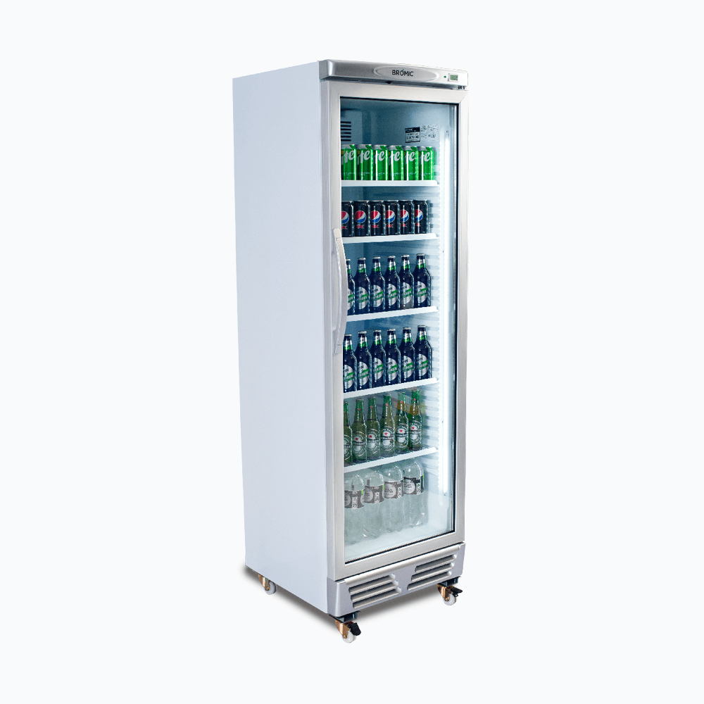 Upright Display Fridge - 372L - 1 Door - Flat Glass - White with Silver Trim