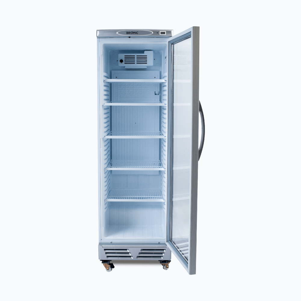 Upright Display Fridge - 372L - 1 Door - Flat Glass - White with Silver Trim