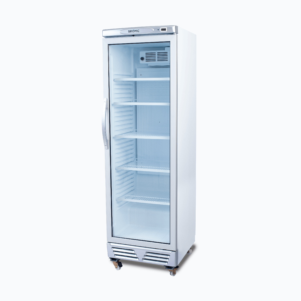 Upright Display Fridge - 372L - 1 Door - Flat Glass - White with Silver Trim