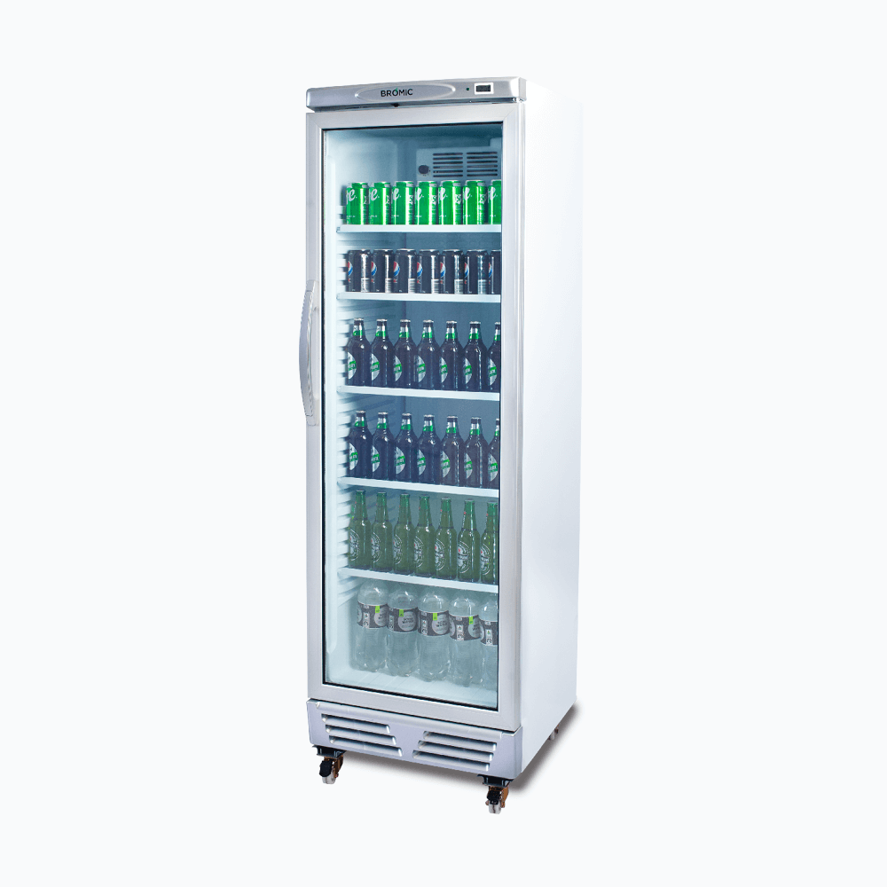 Upright Display Fridge - 372L - 1 Door - Flat Glass - White with Silver Trim