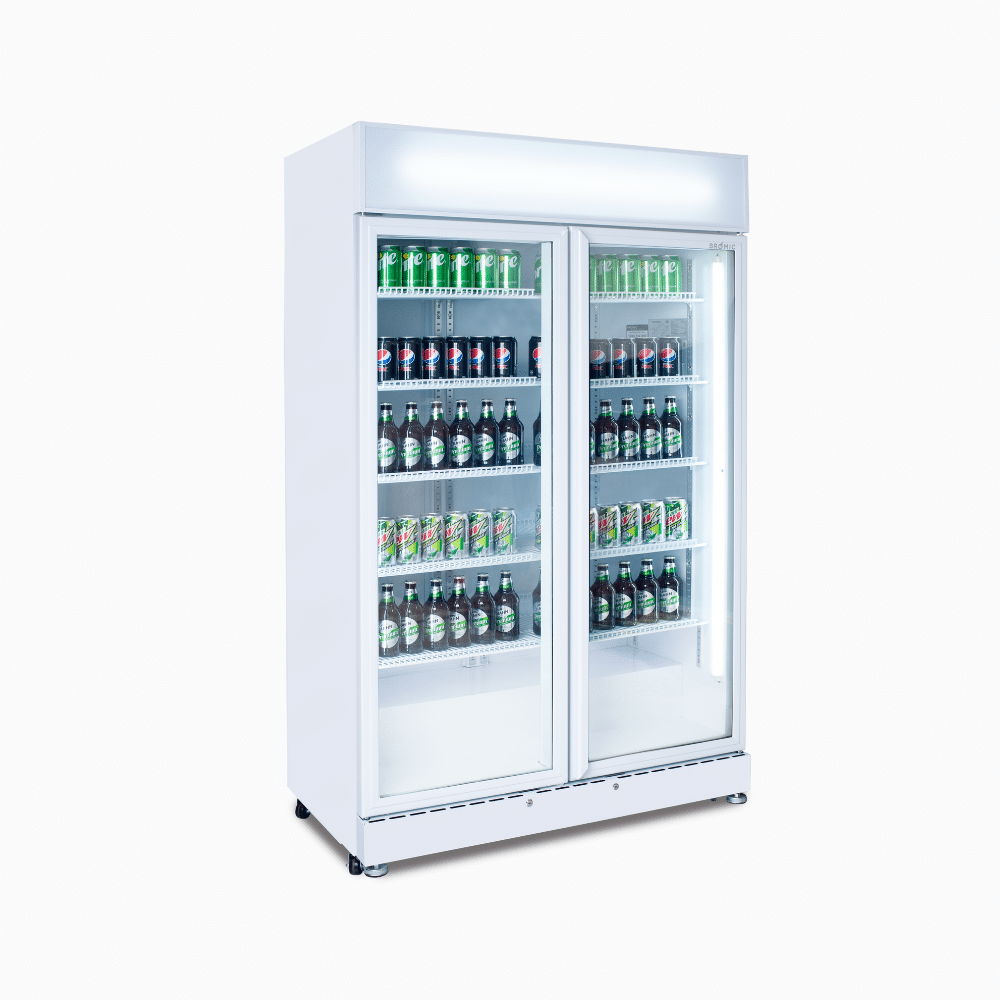 Upright Display Fridge - 885L - 2 Doors - Flat Glass - White