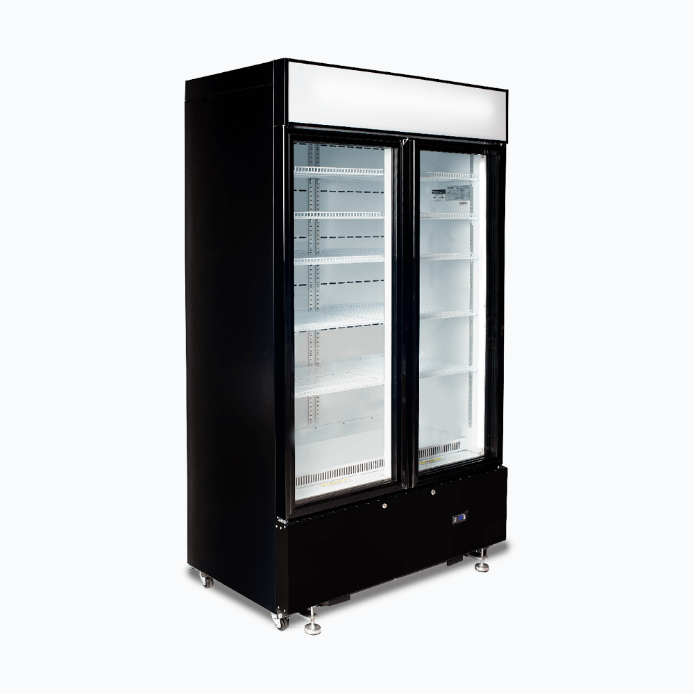 Upright Display Fridge - 960L - 2  Doors - Flat Glass - Cassette - Black