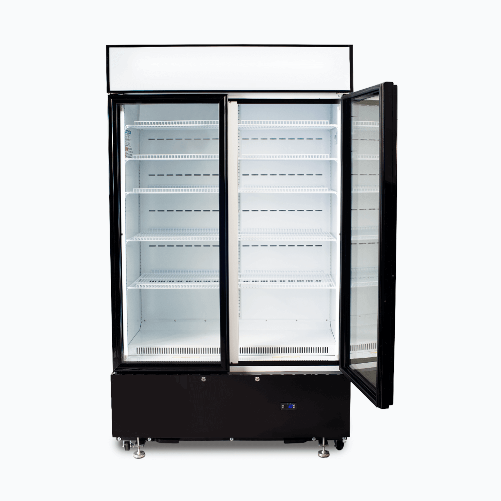 Upright Display Fridge - 960L - 2  Doors - Flat Glass - Cassette - Black