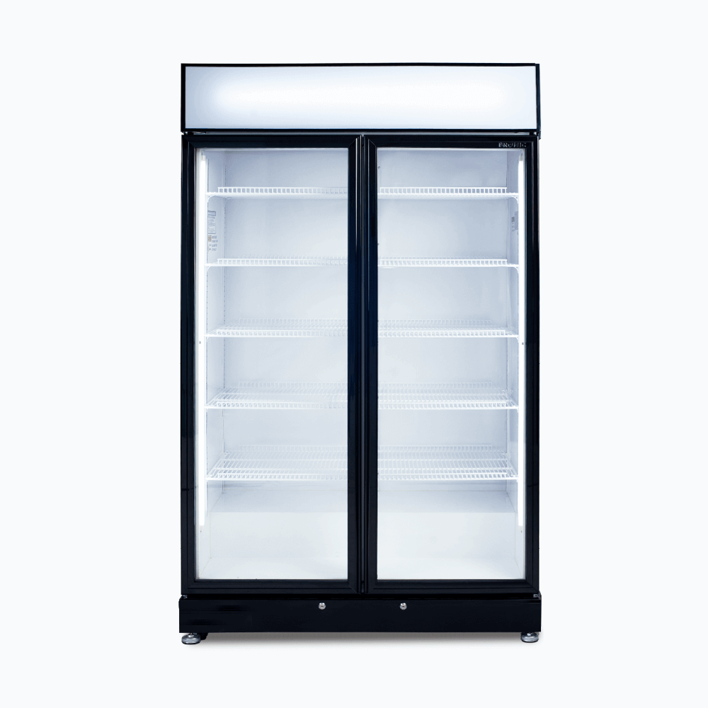 Upright Display Fridge - 885L - 2 Doors - Flat Glass - Black