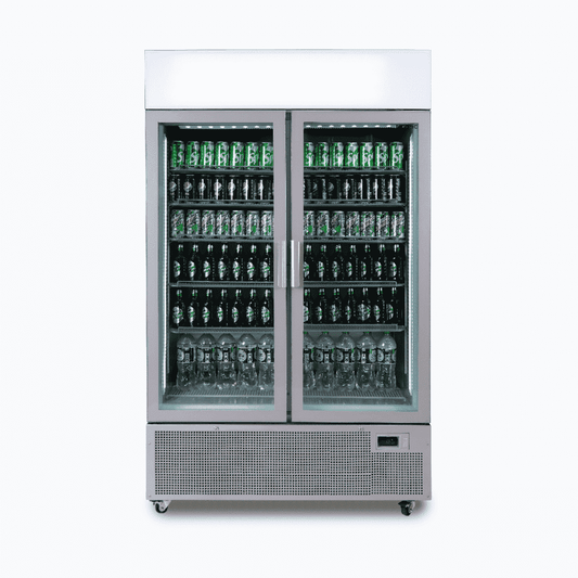 Upright Display Fridge - 1082L - 2 Door - Flat Glass - Lightbox - Silver