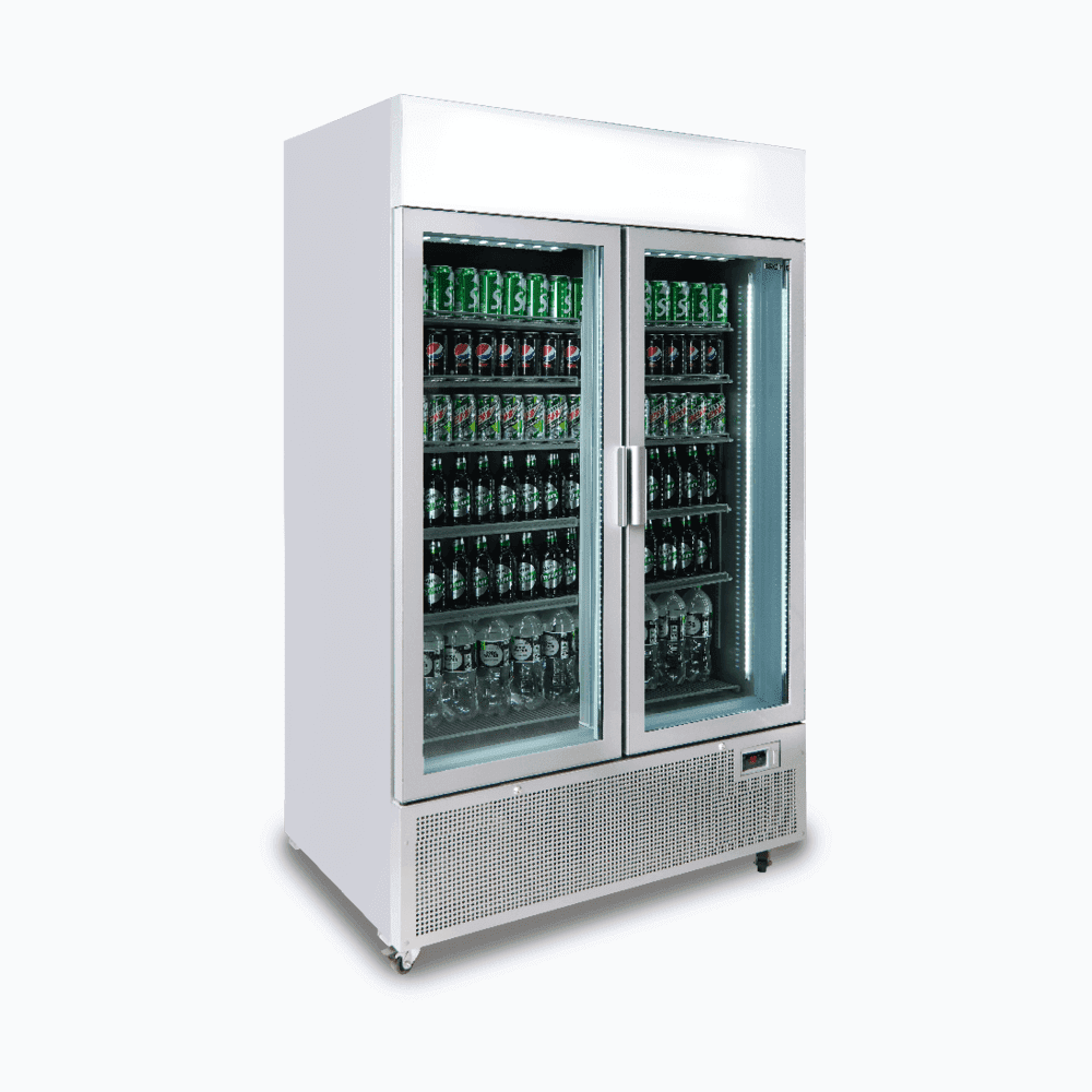 Upright Display Fridge - 1082L - 2 Door - Flat Glass - Lightbox - Silver