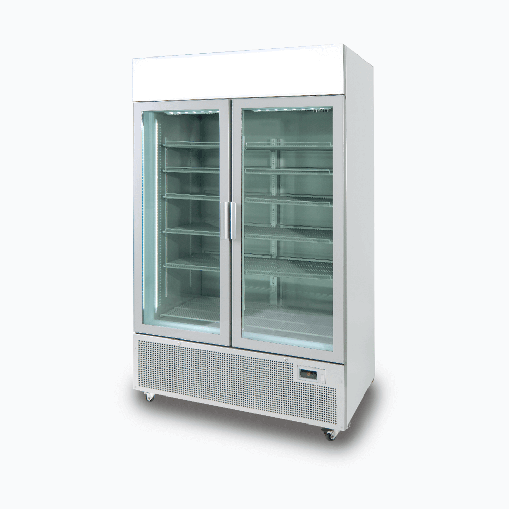 Upright Display Fridge - 1082L - 2 Door - Flat Glass - Lightbox - Silver