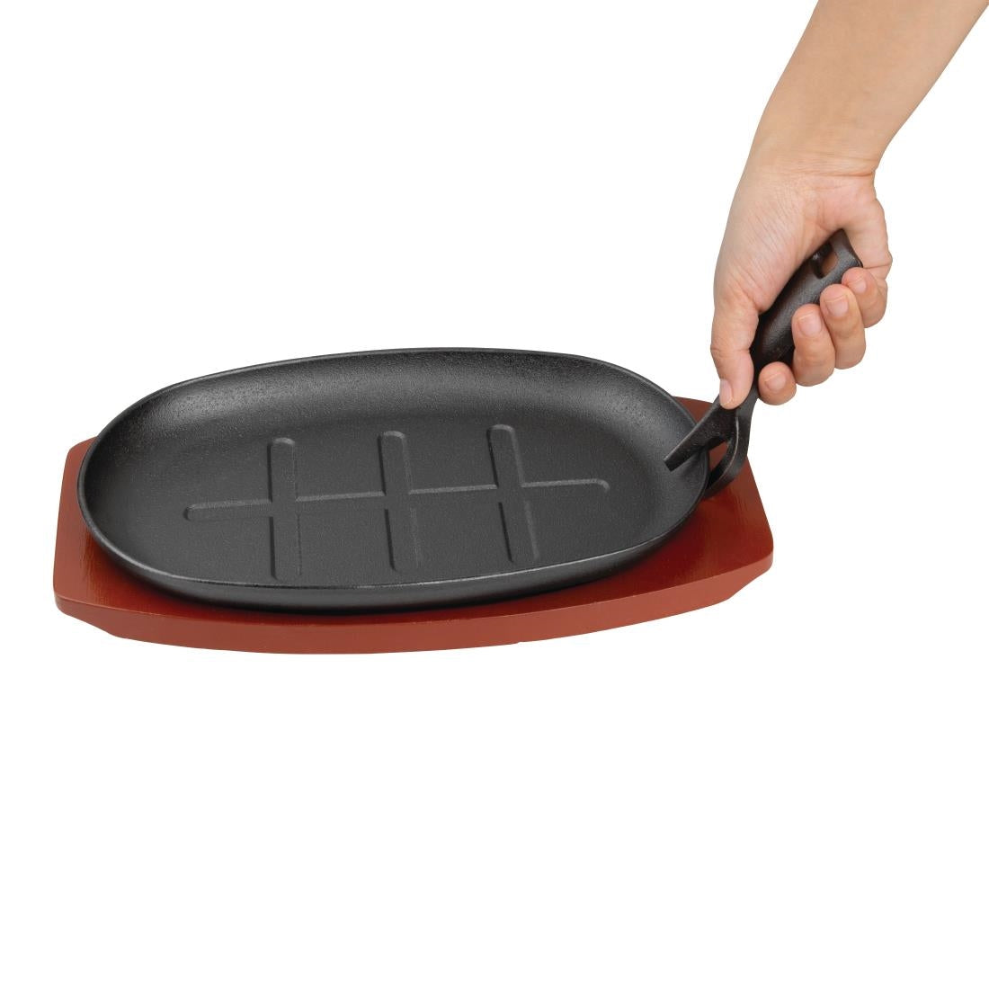 Vogue Cast Iron Oval Sizzler - 28x19cm with Wooden Stand