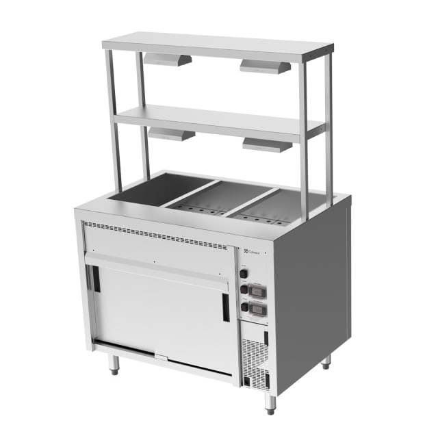Culinaire Island Bain Marie with Double Gantry & Heat Lamps to Bottom & Top Shelves CH.BMH.I.GDD.3