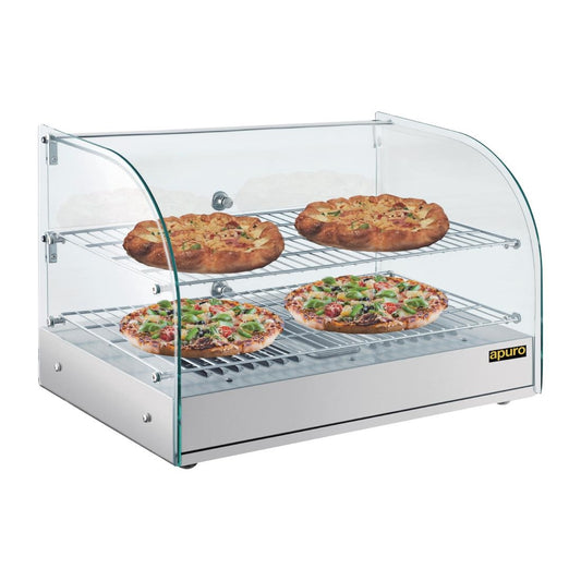 Apuro Pastry Heated Showcase Curved Glass W/Hinged Rear Doors 2 Shelves 45Ltr