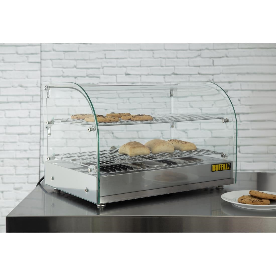 Apuro Pastry Heated Showcase Curved Glass w/Hinged Rear Doors 2 Shelves 45Ltr