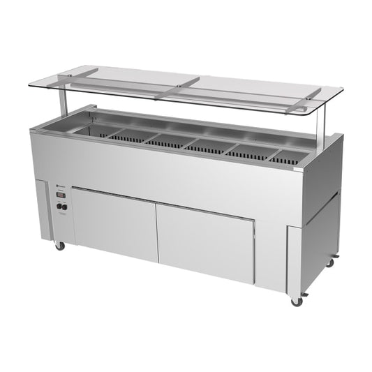 Culinaire 6 Bay Slimline Mobile Refrigerated Island Buffet With Flat Glass Gantry CR.IB.CLCBF.GCF.6
