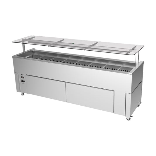 Culinaire 8 Bay Slimline Mobile Refrigerated Island Buffet With Flat Glass Gantry CR.IB.CLCBF.GCF.8