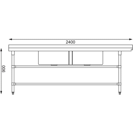 Vogue Dishwasher Inlet Table with Double Bowl Sink 90mm outlet 2400x700x960mmL/H