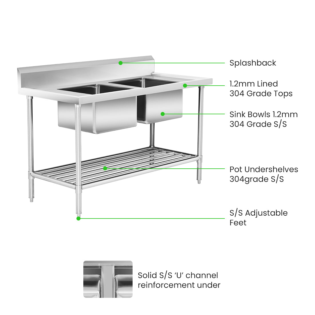Modular System Double Centre Sink Bench with Pot Undershelf - DSB7-1500C/A