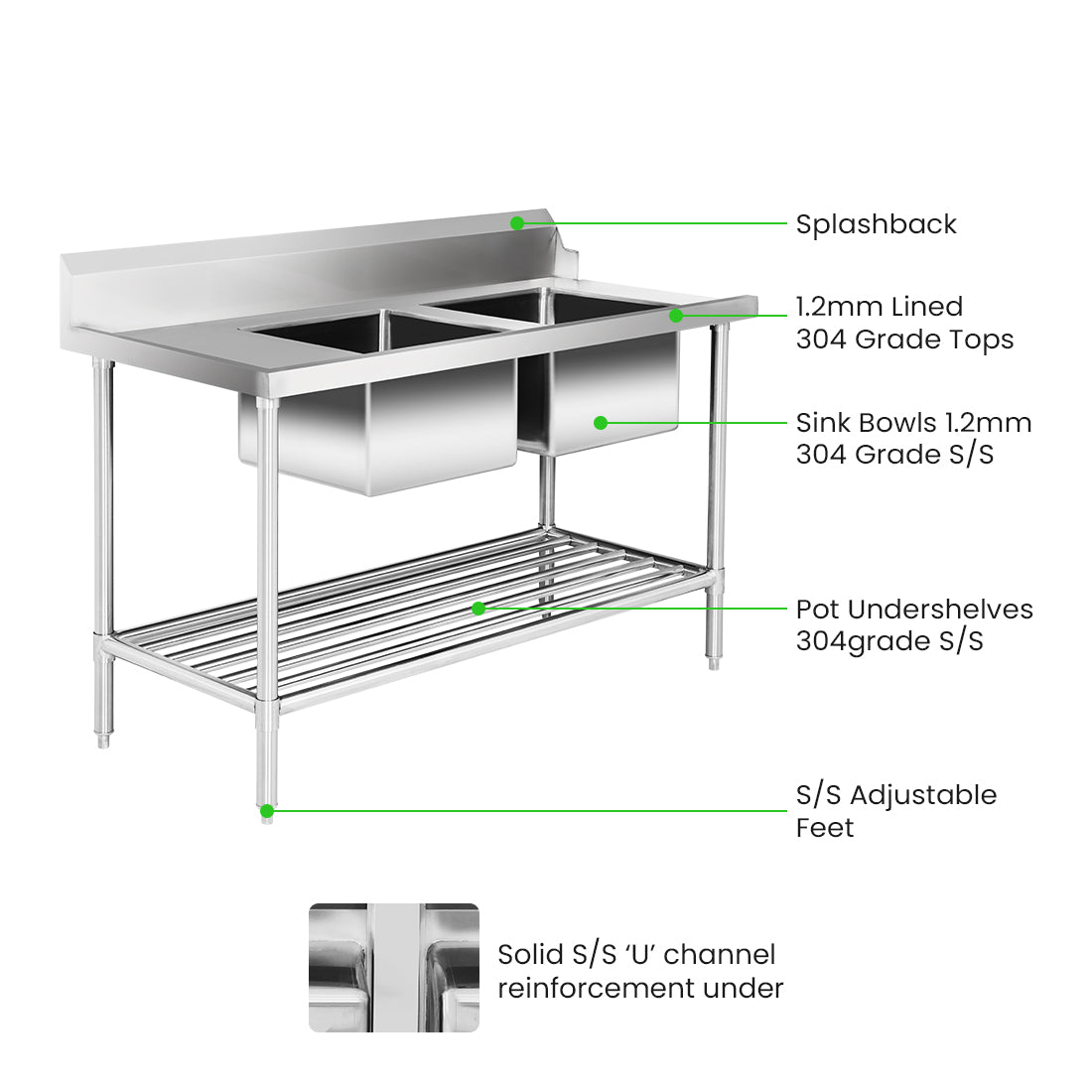 Right Inlet Double Sink Dishwasher Bench - DSBD7-1500R/A