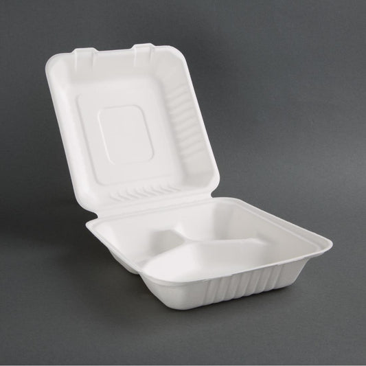 Fiesta Compostable Bagasse Food Container 8x8" 3 Compartment (Box 200)