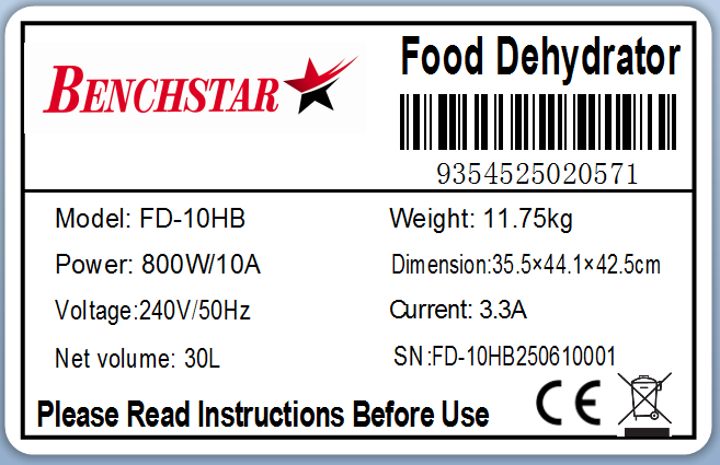 Benchstar Food Dehydrator with 10 trays – FD-10HB