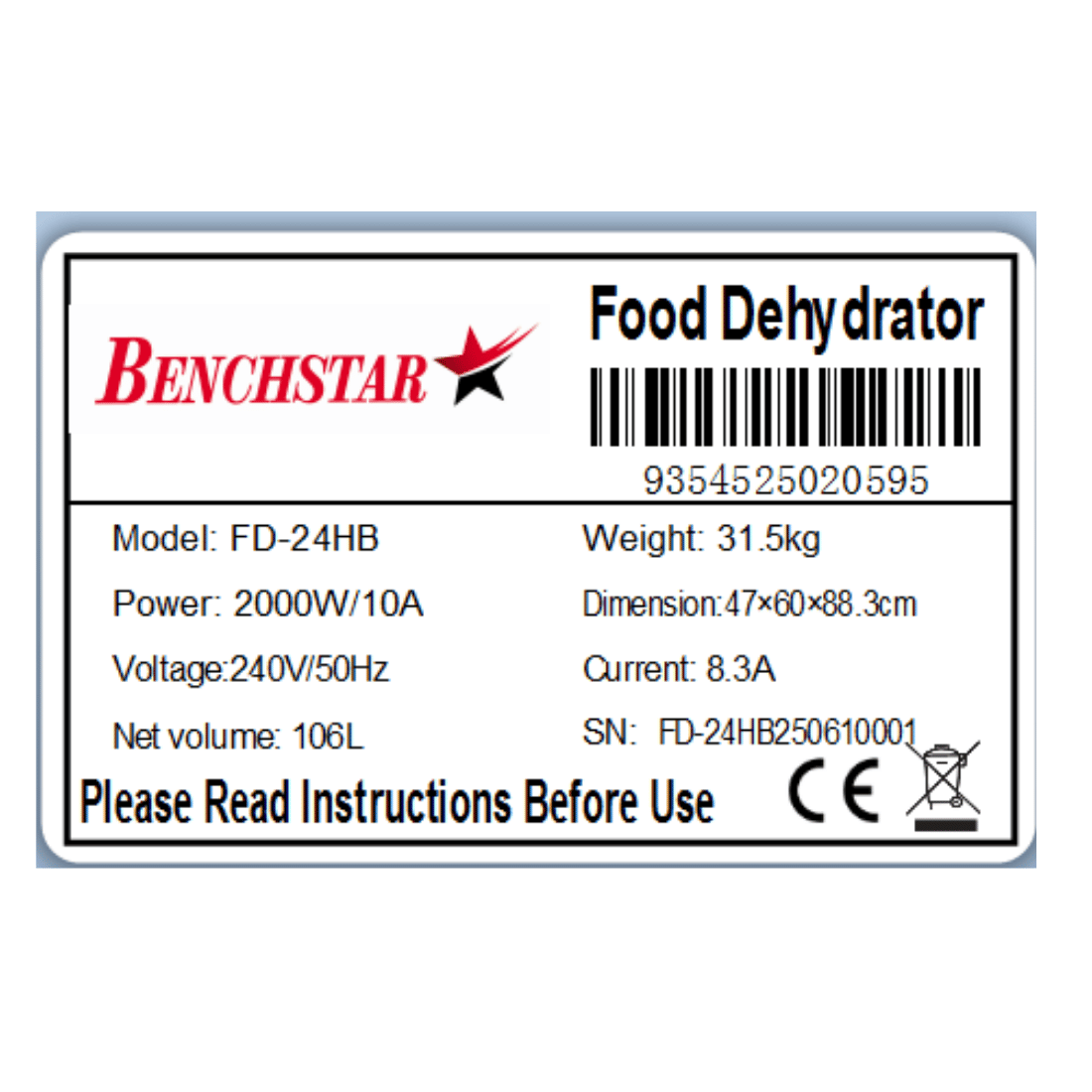 Benchstar Food Dehydrator with 24 trays – FD-24HB