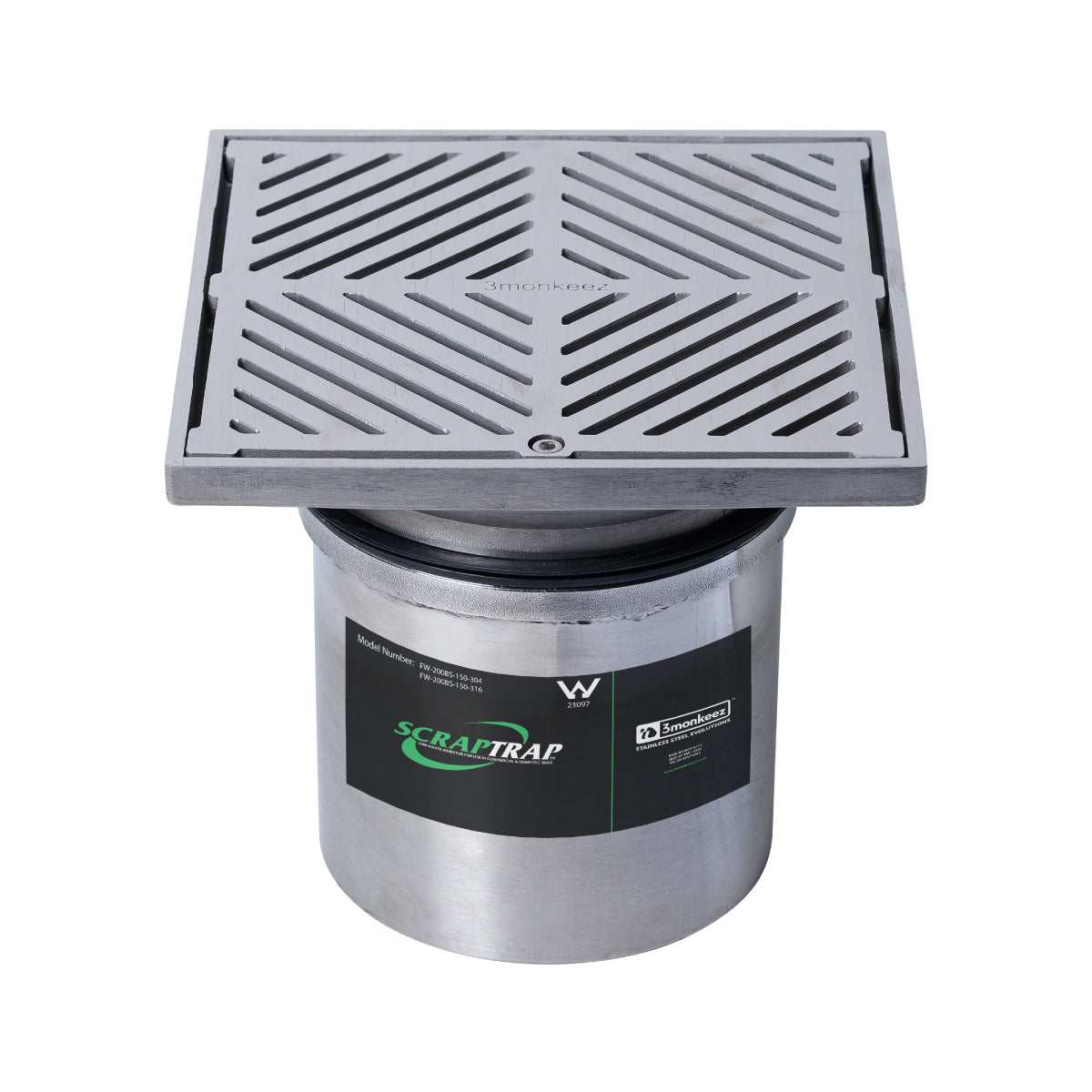 200mm Square Floor Waste Arrestor (suits 150mm pipe) FW-200BS-150-316