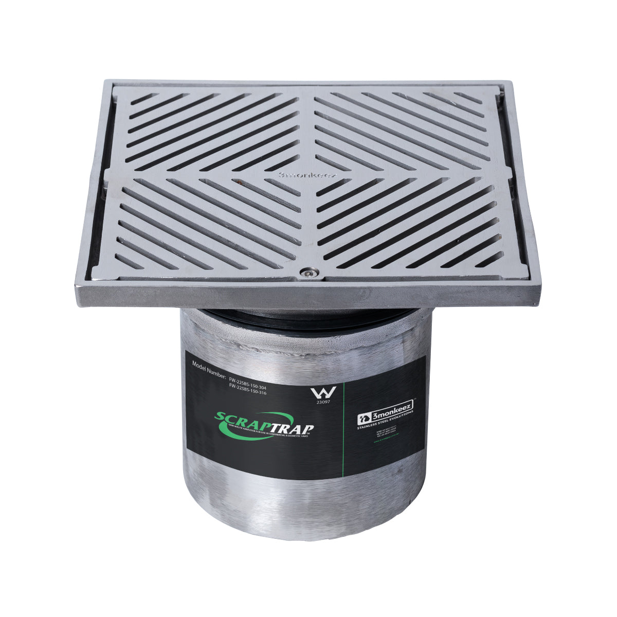 225mm Square Floor Waste Arrestor (suits 150mm pipe) (Heel Proof) FW-225BS-150-304