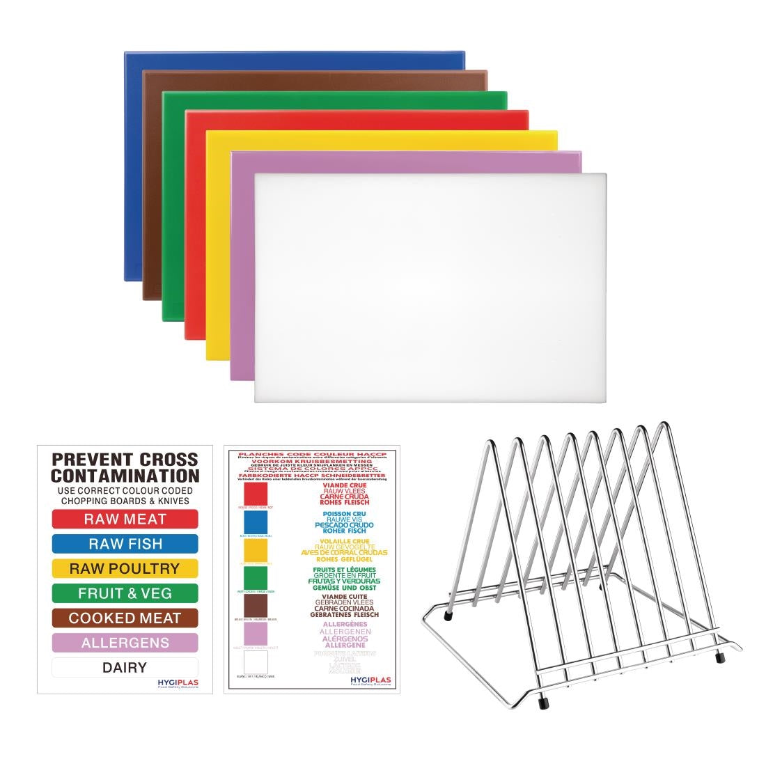 Hygiplas High Density Chopping Board Set 7 Boards & Steel Rack & Wall Chart 450x300x12mm