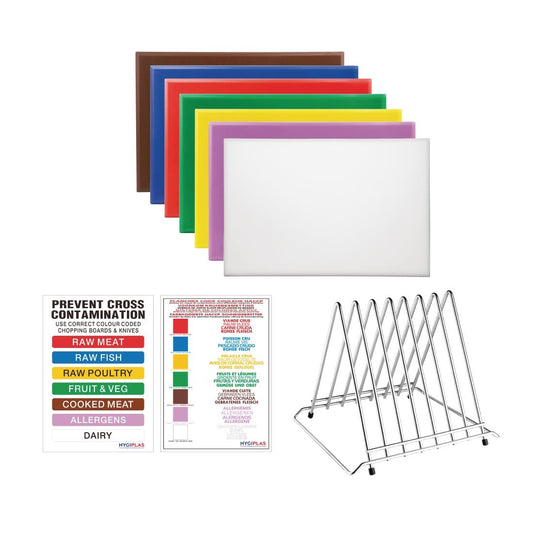 Hygiplas High Density Chopping Board Set 7 Boards & Steel Rack & Wall Chart 450x300x20mm