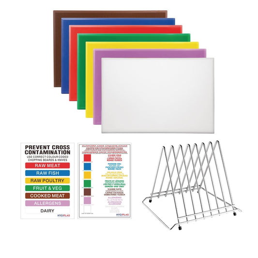 Hygiplas High Density Chopping Board Set 7 Boards & Steel Rack & Wall Chart 600x450x25mm