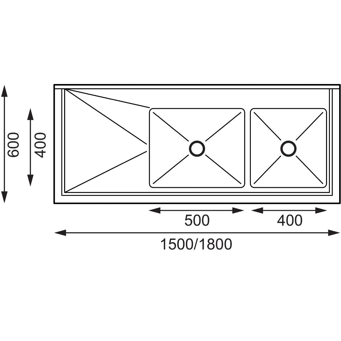 Vogue Double Bowl Sink L/H Drainer - 1500mm (90mm Drain)