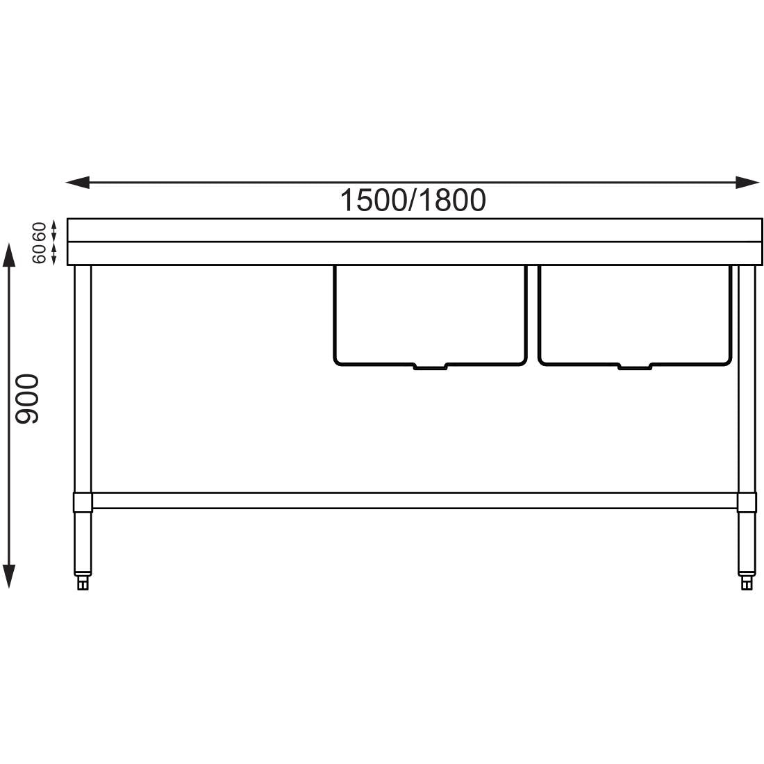 Vogue Double Bowl Sink L/H Drainer - 1500mm x 700mm (90mm Drain)