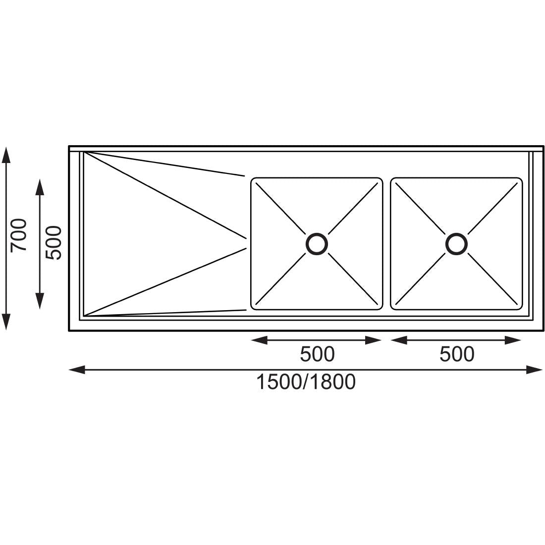 Vogue Double Bowl Sink L/H Drainer - 1500mm x 700mm (90mm Drain)