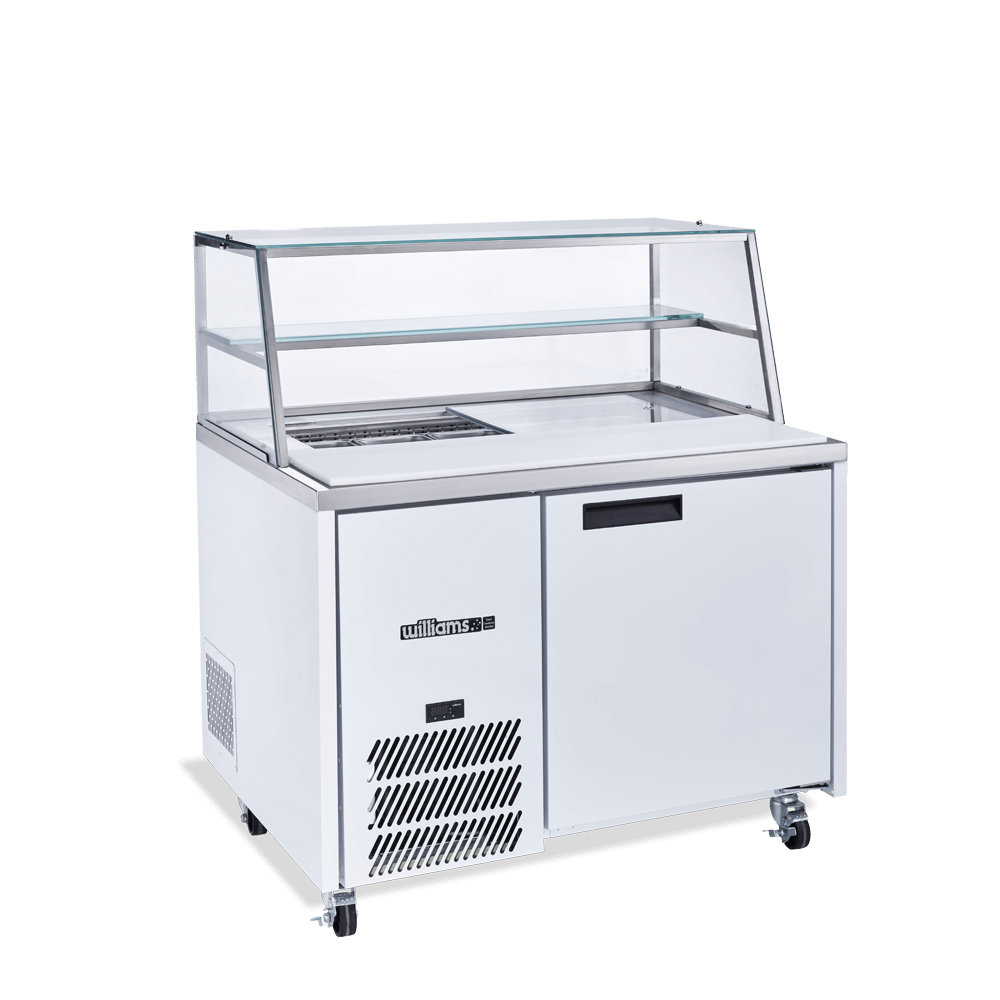 HJ1SCBA Jade Sandwich - One Door White Colorbond Prep Counter Refrigerator With Blown Air Well